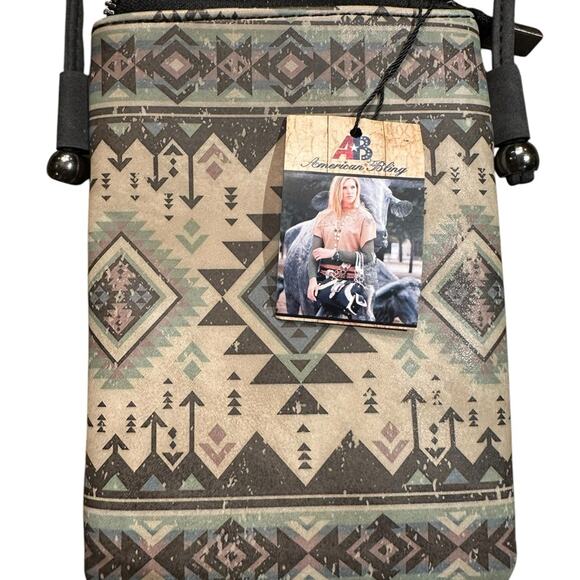 Aztec Print  Faux Leather Crossbody Bag with Phone Pocket on Back - Picture 1 of 7
